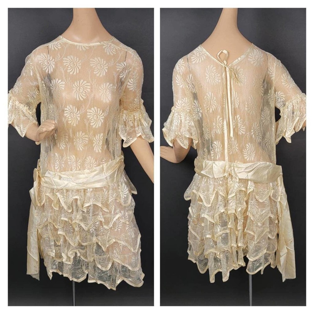 1920s Dress Cream Floral Lace Silk Bow Ruffles Flapper Bridal Wedding Antique
